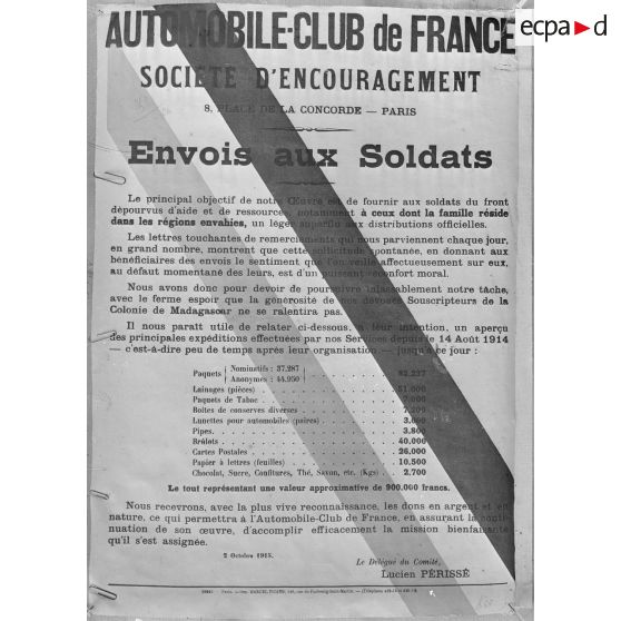 Paris. Musée Leblanc. Affiche. Automobile club, envois aux soldats. [légende d’origine]
