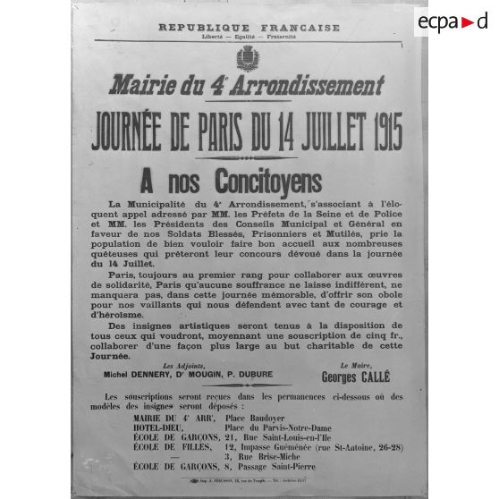 Paris. Musée Leblanc. Affiche. Journée du 14 juillet 15, mairie du 4e arrondissement. [légende d’origine]