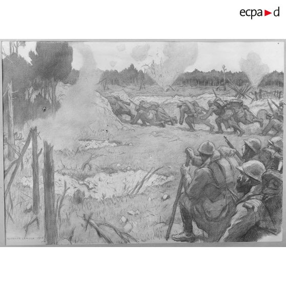 Paris. Musée Leblanc. Dessin de G. Leroux. La relève sous les obus. [légende d’origine]