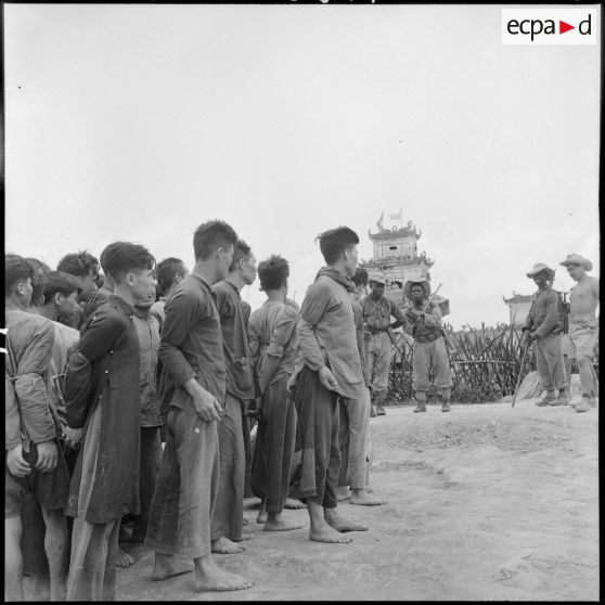 Prisonniers viêt-minhs ligotés sous la surveillance de tirailleurs sénégalais.