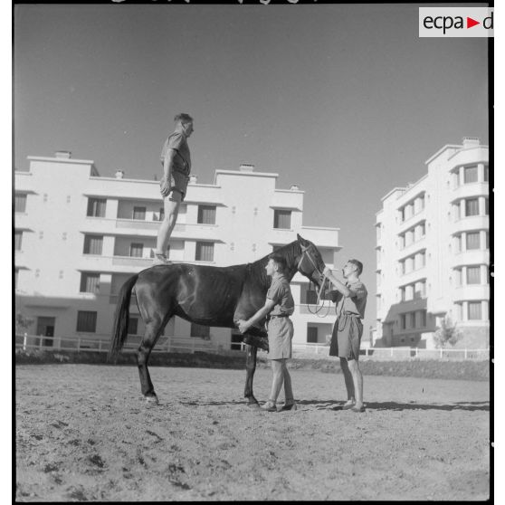 Entraînement à la voltige équestre à l'escadron à cheval de la 7e légion de la Garde.