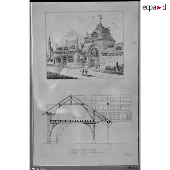 Paris Trocadéro. Projets d'habitations rurales. Maison et hangar. [légende d'origine]