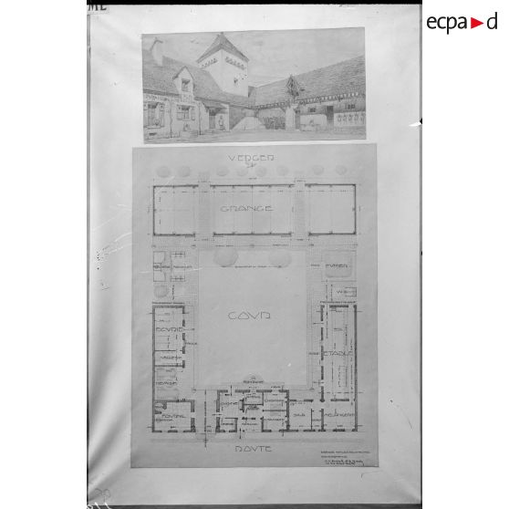 Paris Arts Décoratifs. Projets de reconstruction des habitations rurales. Ferme de moyenne culture (Oise et Aisne). [légende d'origine]