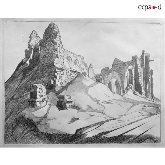 Paris, 35 rue de Valois. Dessins de M. Ventre. Lassigny (Oise). Ruines de l'église. [légende d'origine]