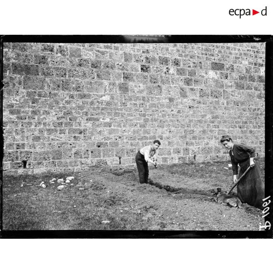 Paris. Les jardins potagers des fortifications. Le défrichement du sol. 5 mai 1917. [légende d'origine]