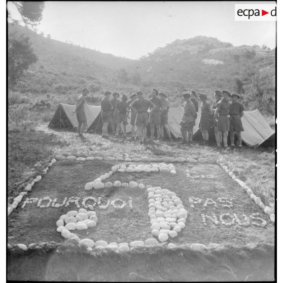 Insigne de la 5e compagnie du 43e RIA de Marseille dans un campement de l'unité près de La Redonne.