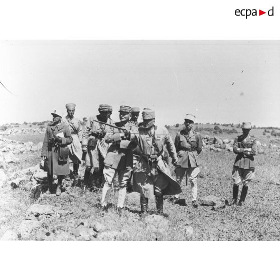Photographie de groupe du général d'armée Weygand et de divers officiers dans le Djebel Druze.