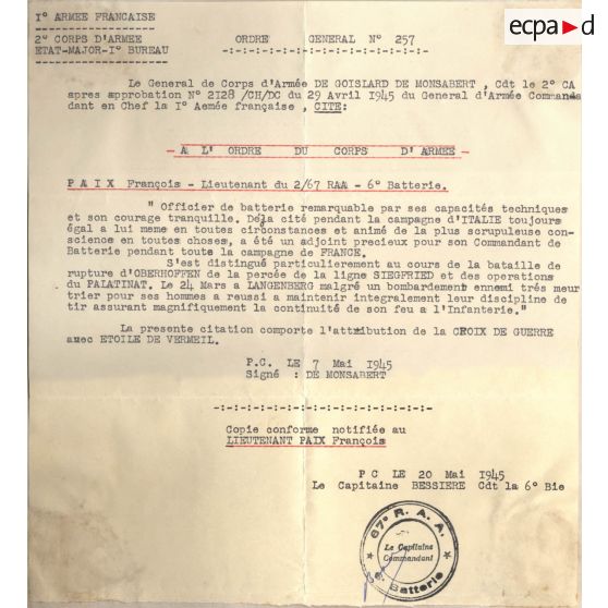 [Ordre général numéro 257 du 29 avril 1945 du général de corps d'armée de Goislard de Monsabert.]