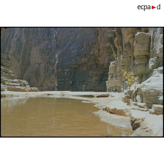 Vue détaillée du canyon de l'oued Illïj, région d'Azougi et d'Atar, site de l'école d'escalade et de franchissement. [légende d'origine]<br>