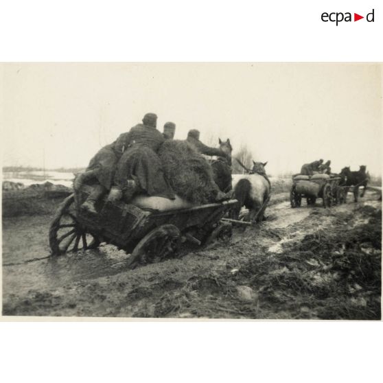 [Un convoi hippomobile sur une route détrempée].