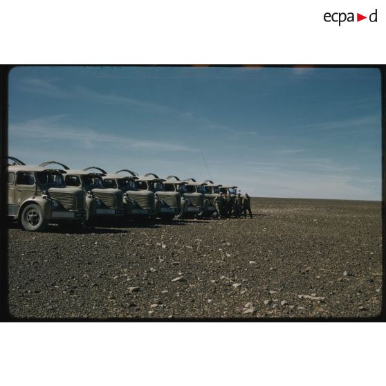 [Camions Berliet de la 2e Compagnie Saharienne Automobile de Transport (CAST) dans le Sahara algérien].