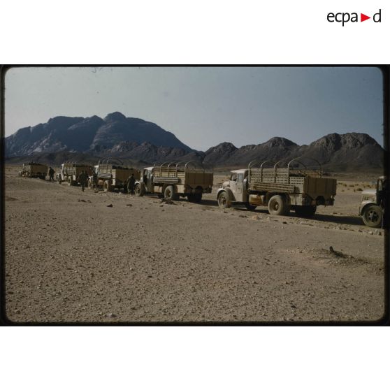 [Camions Berliet de la 2e Compagnie Saharienne Automobile de Transport (CAST) dans le Sahara algérien].