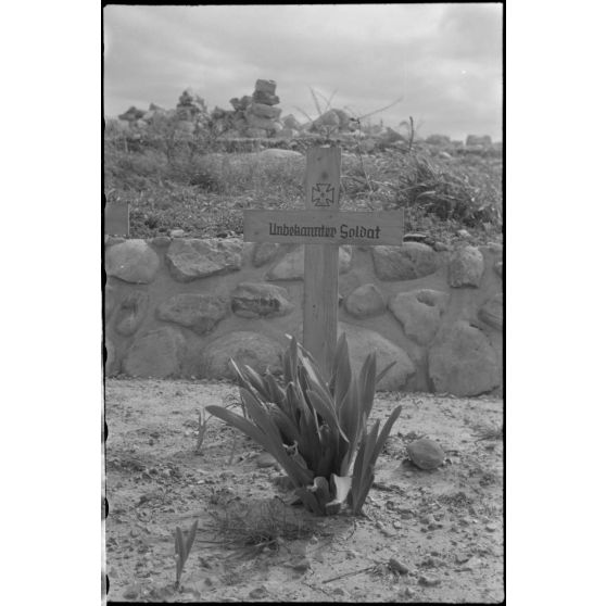 A Maleme en Crète, les tombes allemandes de parachutistes tombés lors de l'opération Merkur, nom de baptême de l'opération aéroportée allemande de l'invasion de la Crète.