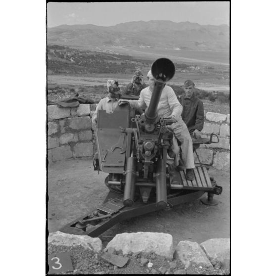 En Crète dans le secteur de Maleme, des artilleurs allemands derrière un canon de 3,7 cm FlaK 36.