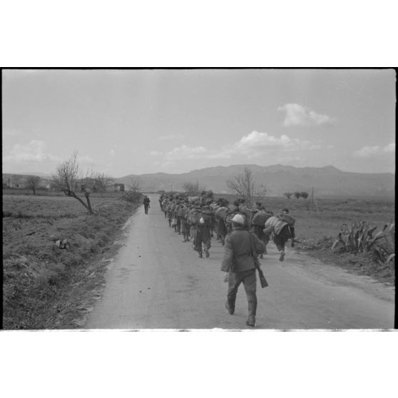 En Crète, dans le secteur de Maleme, une colonne de prisonniers italiens progresse sous la garde d'une sentinelle allemande.