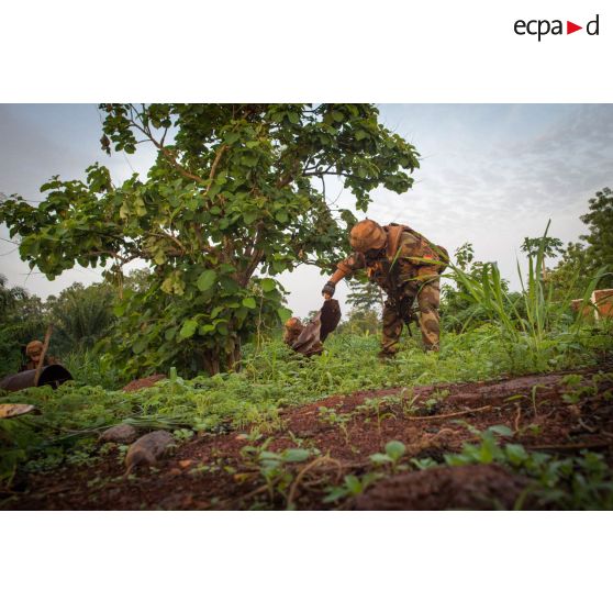 Les soldats d'une section du 3e RG du GTIA (groupement tactique interarmes) Turco fouillent les alentours des locaux du marché central de Bambari, au cours d'une action quotidienne VNP (vérification de non pollution).