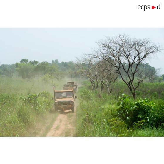 Une Peugeot P4 et un VAB sanitaire transportant le personnel du rôle 1 ou antenne médicale avancée du GTIA (groupement tactique interarmes) Turco, évoluent sur une route de campagne lors d'une reconnaissance du dispensaire du CRPR (centre régional polyvalent de recherche) de Bambari dans le cadre d'une AMP (aide médicale à la population).