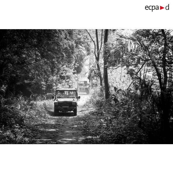 Une Peugeot P4 et un VAB sanitaire transportant le personnel du rôle 1 ou antenne médicale avancée du GTIA (groupement tactique interarmes) Turco, évoluent sur une route de campagne lors d'une reconnaissance du dispensaire du CRPR (centre régional polyvalent de recherche) de Bambari dans le cadre d'une AMP (aide médicale à la population).