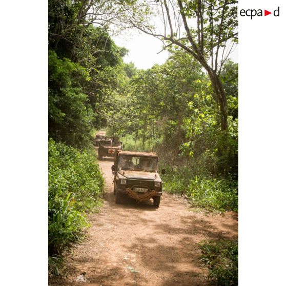 Deux Peugeot P4 et un VAB sanitaire transportant le personnel du rôle 1 ou antenne médicale avancée du GTIA (groupement tactique interarmes) Turco, évoluent sur une route de campagne lors d'une reconnaissance du dispensaire du CRPR (centre régional polyvalent de recherche) de Bambari dans le cadre d'une AMP (aide médicale à la population).