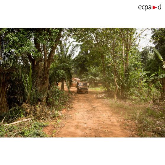 Une Peugeot P4 et un VAB sanitaire transportant le personnel du rôle 1 ou antenne médicale avancée du GTIA (groupement tactique interarmes) Turco, évoluent sur une route de campagne lors d'une reconnaissance du dispensaire du CRPR (centre régional polyvalent de recherche) de Bambari dans le cadre d'une AMP (aide médicale à la population).