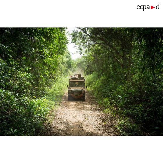 Une Peugeot P4 et un VAB sanitaire transportant le personnel du rôle 1 ou antenne médicale avancée du GTIA (groupement tactique interarmes) Turco, évoluent sur une route de campagne lors d'une reconnaissance du dispensaire du CRPR (centre régional polyvalent de recherche) de Bambari dans le cadre d'une AMP (aide médicale à la population).