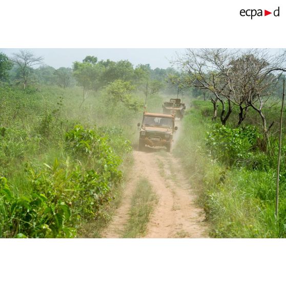 Une Peugeot P4 et un VAB sanitaire transportant le personnel du rôle 1 ou antenne médicale avancée du GTIA (groupement tactique interarmes) Turco, évoluent sur une route de campagne lors d'une reconnaissance du dispensaire du CRPR (centre régional polyvalent de recherche) de Bambari dans le cadre d'une AMP (aide médicale à la population).
