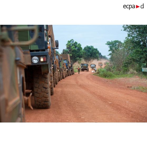 Convoi du DETLOG (détachement logistique) lors du retour d'une mission de ravitaillement de la POD (plateforme opérationnelle défense) de Bambari vers Bangui.