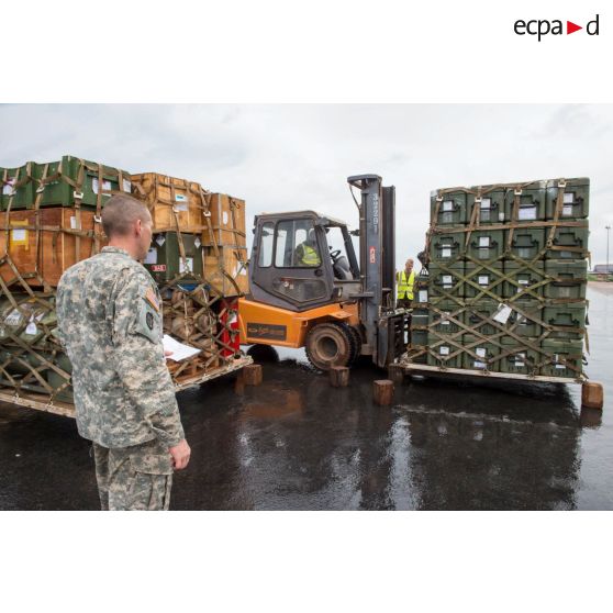 Chargement de fret au moyen d'un chariot élévateur Ergos 80 HYD, dans le cadre du désengagement de matériel par les soldats du 1er RTP du DéTIA (détachement de transit interarmées) sur le tarmac de l'aéroport de Bangui-M'Poko.