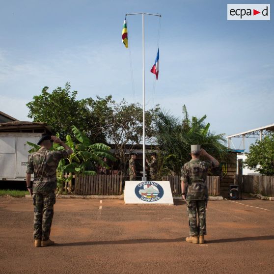 Le général de brigade Pierre Gillet, commandant la force Sangaris et le colonel Lionel Catar, chef de corps du 7e BCA et commandant le GTIA (groupement tactique interarmes) Vercors, saluent les couleurs dans le cadre d'une cérémonie de fin de mission sur le camp M'Poko de Bangui.