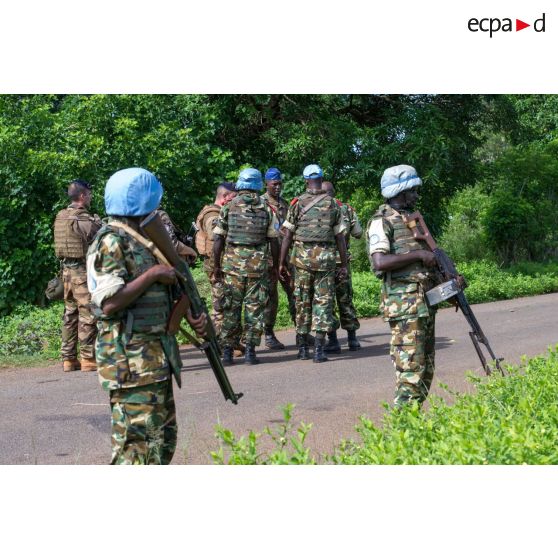 Des tirailleurs du 1er RT du GTIA (groupement tactique interarmes) Vercors et des casques bleus burundais de la MINUSCA (mission multidimensionnelle intégrée des Nations Unies pour la stabilisation en Centrafrique) gardent un check-point mis en place sur une route dans le secteur de Damara.