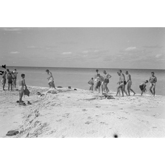 En Egypte, sous la direction d'un officier, des pilotes de Stuka pratiquent du sport sur la plage.