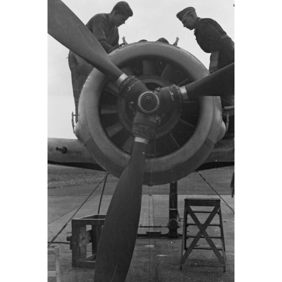 Réglage des armes de bord d'un chasseur Focke-Wulf Fw-190 codé 6 appartenant au Jagdfliegerschule 5.