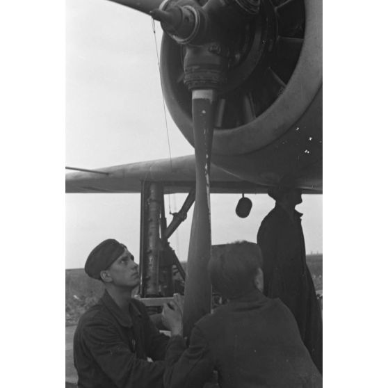 Réglage des armes de bord d'un chasseur Focke-Wulf Fw-190 codé 6 appartenant au Jagdfliegerschule 5.