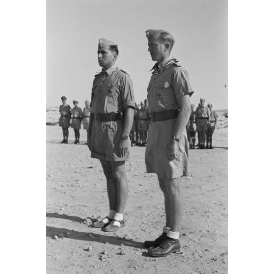 Remise de croix de chevalier de la croix de fer (Ritterkreuz) aux capitaines Mosdorf et Hamester.