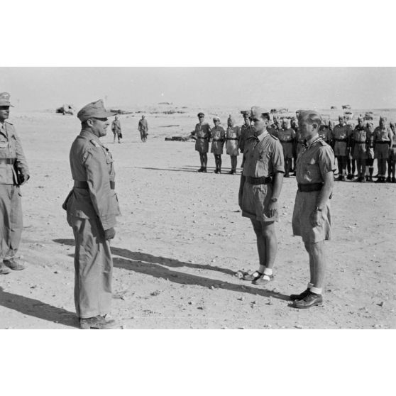 Le général Hans Seidemann félicite les deux récipiendaires de la croix de chevalier de la croix de fer (Ritterkreuz).