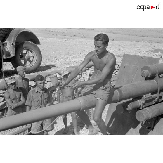 Au sein de la 2e batterie du Flak 1/33, installée au col d'Halfaya, la pulvérisation de peinture sur des canons anti-aériens de 8,8 cm