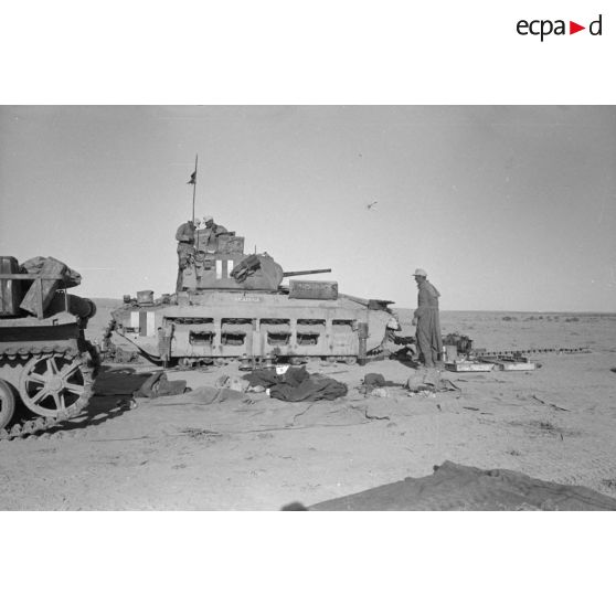 La char moyen Matilda baptisé Pasadena stoppé ou détruit suite à une attaque allemande.