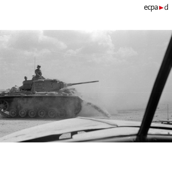 Un char moyen Panzer III numéroté 5 sur le front d'El Alamein.
