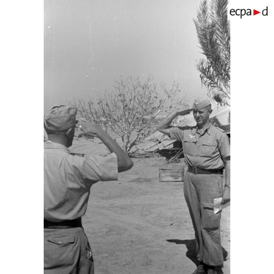 Remise de la croix de fer de première classe à l'adjudant (Feldwebel) Hanns Gross, reporter photographe et la presse écrite au sein de la Luftwaffe Kriegsbericher Kompanie 7 (Lw.KBK.7).