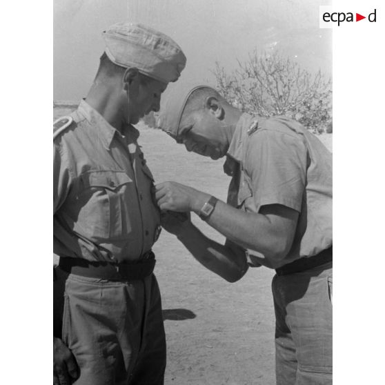 Remise de la croix de fer de première classe à l'adjudant (Feldwebel) Hanns Gross, reporter photographe et la presse écrite au sein de la Luftwaffe Kriegsbericher Kompanie 7 (Lw.KBK.7).