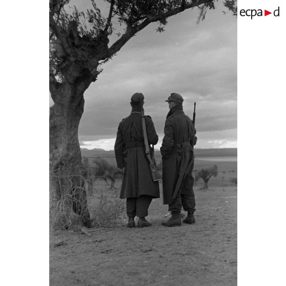 En Tunisie, des sentinelles allemandes surveillent un canon français.