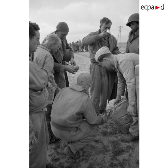 En Tunisie, une colonne de prisonniers américains sous la garde de fantassins allemands.