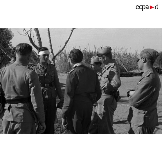 Le lieutenant (Oberleutnant) Fritz Schröter au milieu des pilotes de son groupe.