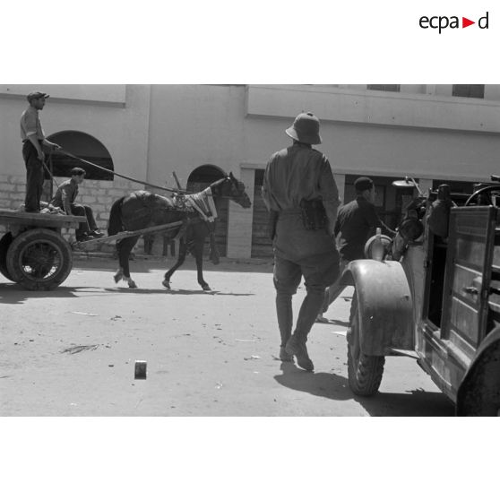 Une carriole tirée par une mule dans les rues de Benghazi, au premier plan une Kübelwagen allemande.