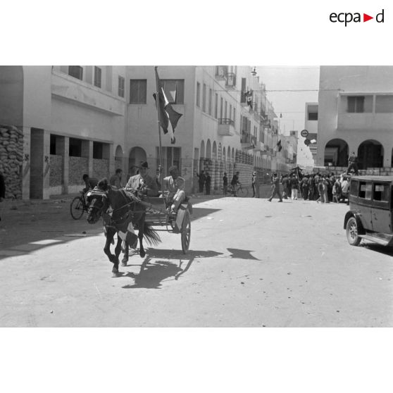 Carriole tirée par une mule dans les rues de Benghazi.