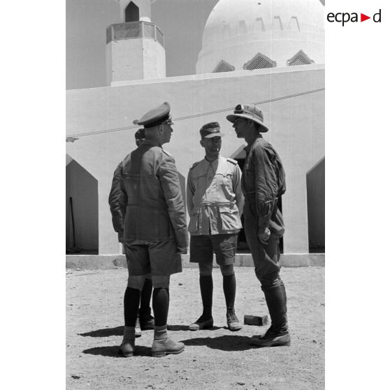 A Bardia, le général (Generalleutnant) Rommel et le général (Generalmajor) Gause, en compagnie d'officiers devant une mosquée blanche.