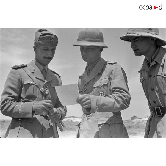 Deux officiers allemands lisent le certificat d'un sous-lieutenant italien qui vient de recevoir la croix de fer.