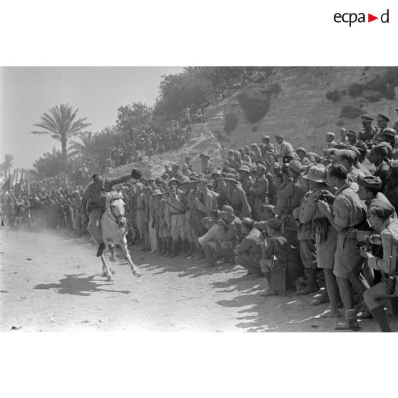 Des cavaliers libyens participent à une course de chevaux ou à une fantasia entre deux haies de spectateurs.