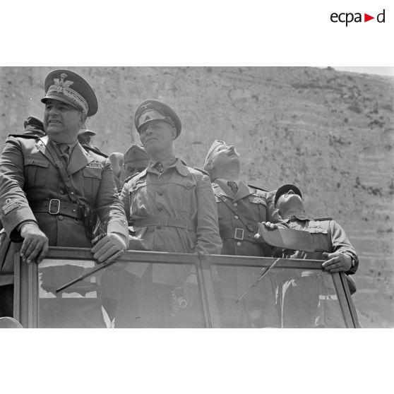 Debout dans une voiture, les généraux Rommel et Gambara, accompagnés d'autres officiers italiens et allemands, assistent à une course de chevaux.