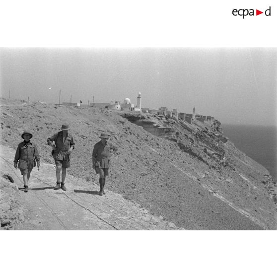 Trois artistes se promènent sur les falaises de la côte.